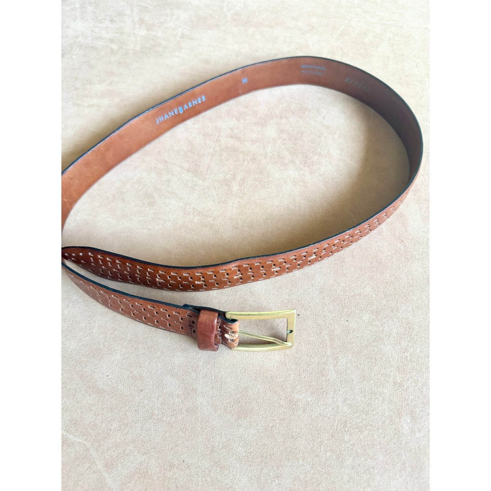 Jhane Barnes Mens Brown Upscale Designer Leather Belt Solid Brass Size 36 - Picture 2 of 9